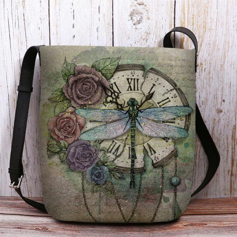 Kvinder Følte Afslappet Vintage 3D Dragonfly Flower Printing Mønster Crossbody Bag Skuldertaske