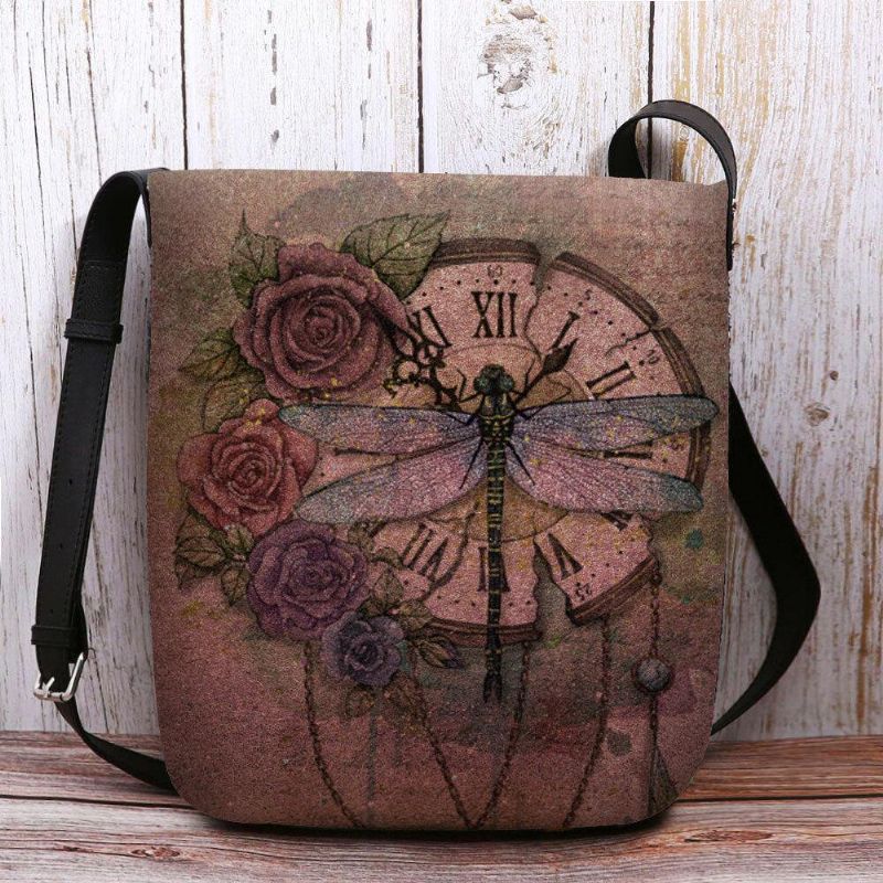 Kvinder Følte Afslappet Vintage 3D Dragonfly Flower Printing Mønster Crossbody Bag Skuldertaske