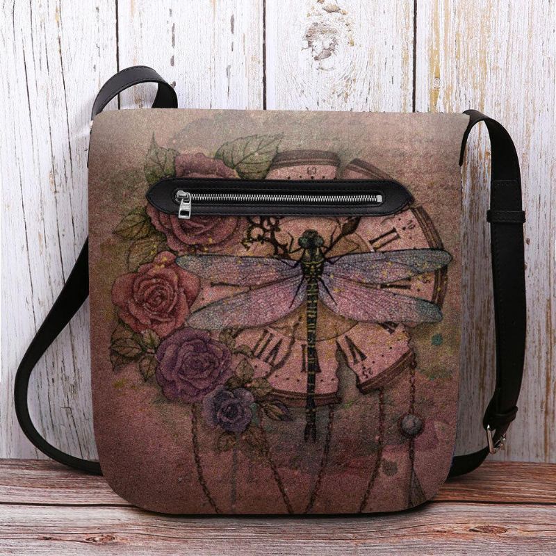 Kvinder Følte Afslappet Vintage 3D Dragonfly Flower Printing Mønster Crossbody Bag Skuldertaske