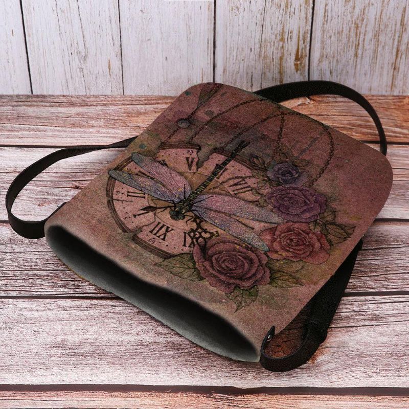 Kvinder Følte Afslappet Vintage 3D Dragonfly Flower Printing Mønster Crossbody Bag Skuldertaske