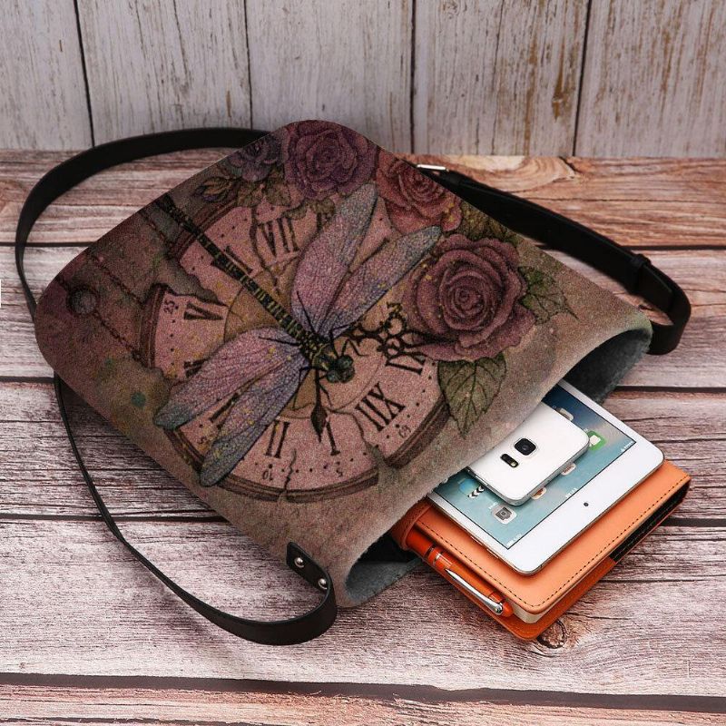 Kvinder Følte Afslappet Vintage 3D Dragonfly Flower Printing Mønster Crossbody Bag Skuldertaske