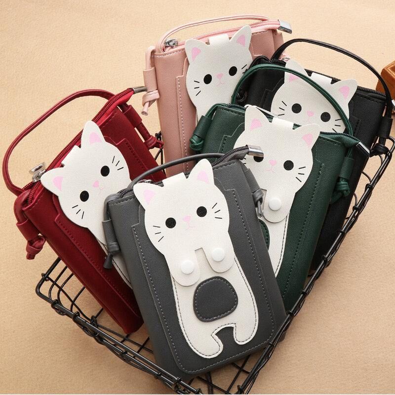 Kvinder Imiteret Læder Super Sød Kat Kitty Mønster 6.3 Tommer Telefontaske Lille Opbevaringstaske Crossbody Taske