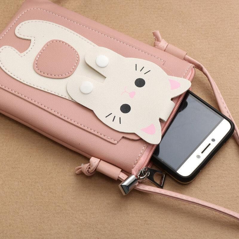 Kvinder Imiteret Læder Super Sød Kat Kitty Mønster 6.3 Tommer Telefontaske Lille Opbevaringstaske Crossbody Taske