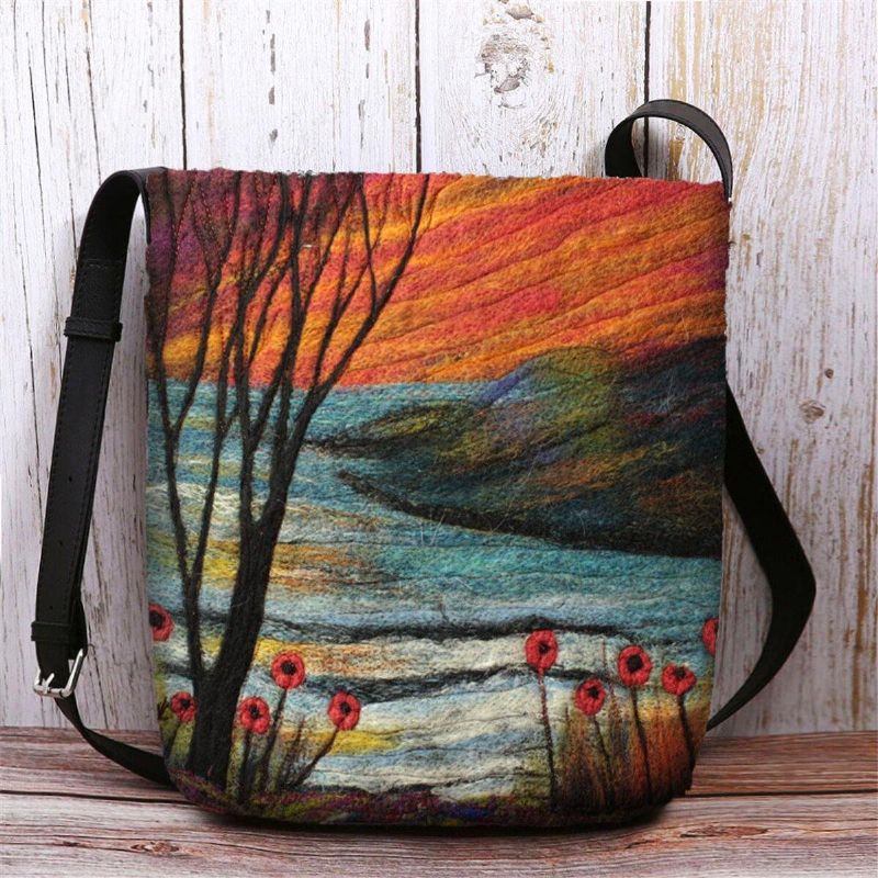 Kvinder Lammehår Efterår Naturlig Scene Farverig Diy Skuldertaske Crossbody Taske