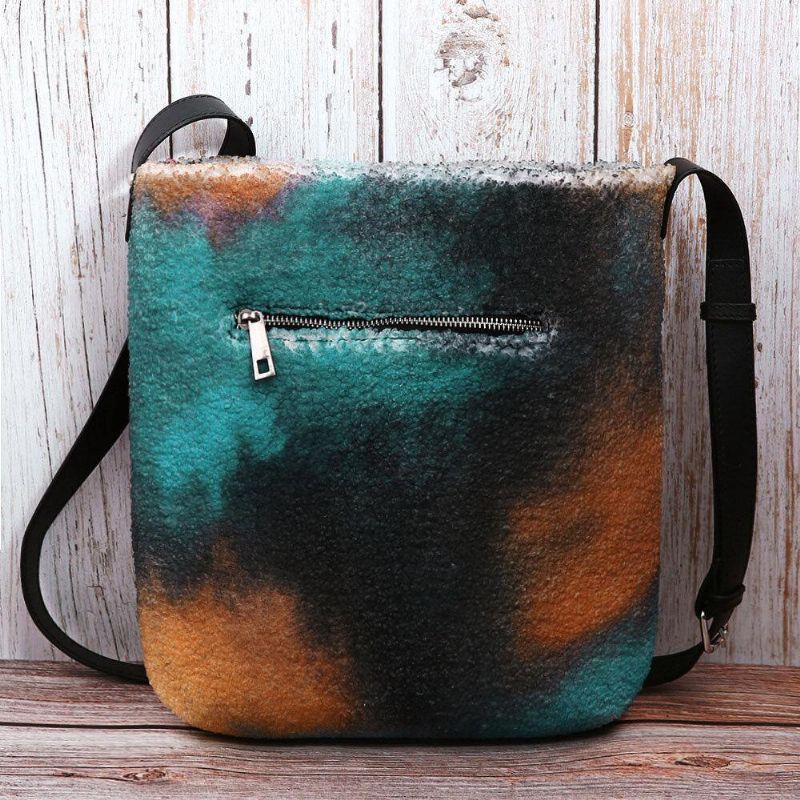 Kvinder Lammehår Efterår Naturlig Scene Farverig Diy Skuldertaske Crossbody Taske