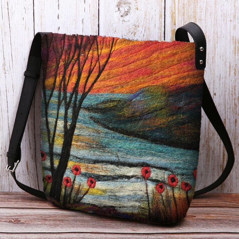 Kvinder Lammehår Efterår Naturlig Scene Farverig Diy Skuldertaske Crossbody Taske