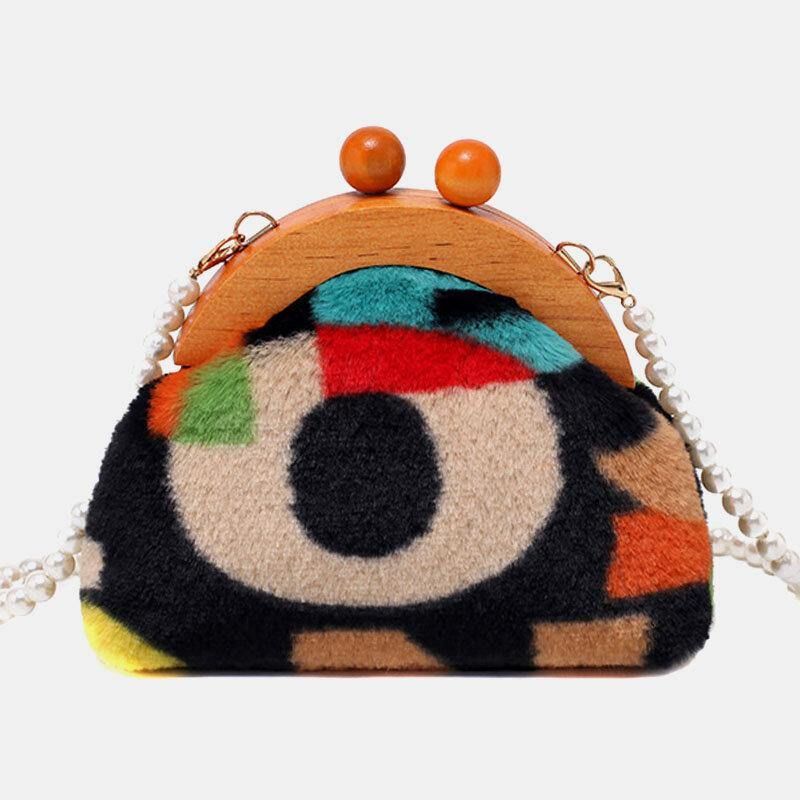 Kvinder Plys Tie-Dye Patchwork Pearl Chain Skuldertaske Crossbody-Taske