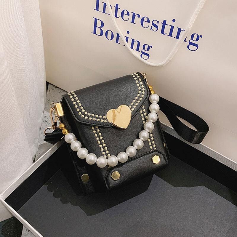 Kvinder Pu-Læder Hjerteformet Hasp Pearl Chain Håndtaske Skuldertaske Crossbody-Tasker