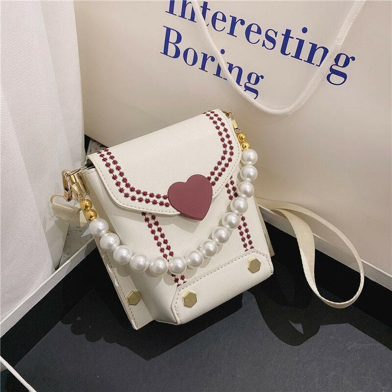 Kvinder Pu-Læder Hjerteformet Hasp Pearl Chain Håndtaske Skuldertaske Crossbody-Tasker