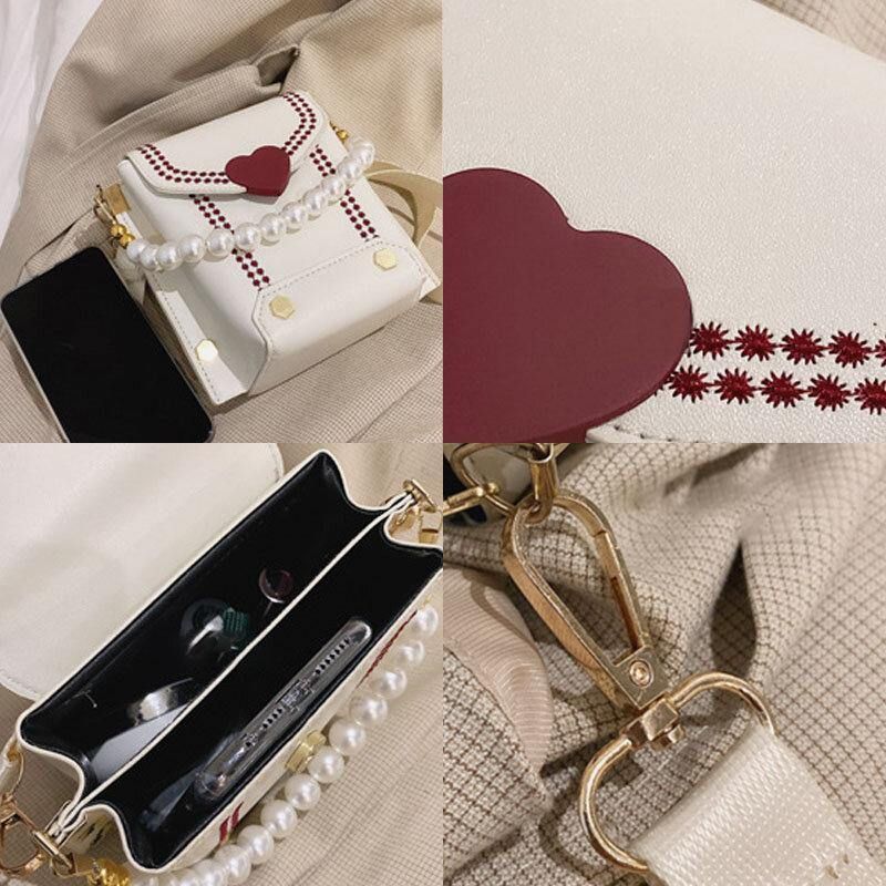 Kvinder Pu-Læder Hjerteformet Hasp Pearl Chain Håndtaske Skuldertaske Crossbody-Tasker