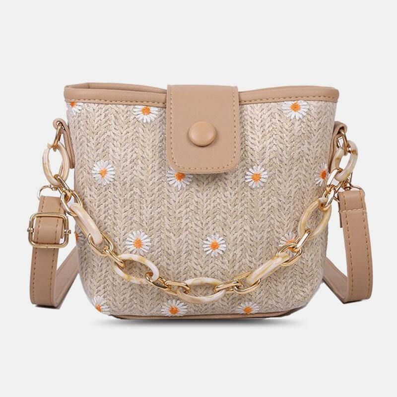 Kvinder Straw Lace Daisy Sunflower Mønster Print Chains Hasp Crossbody Bag Skuldertaske Håndtaske