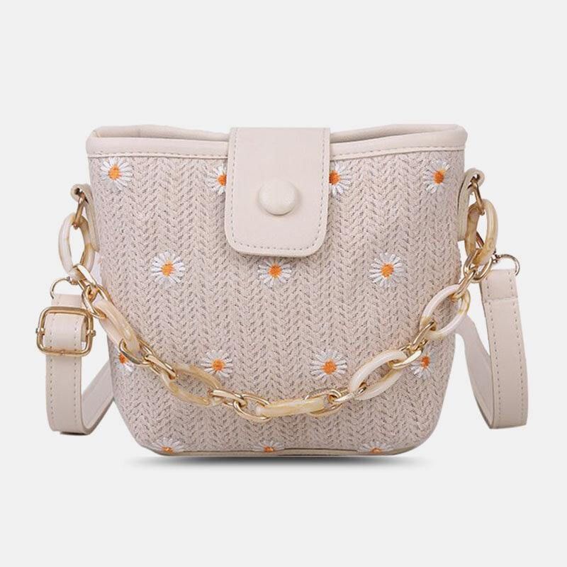 Kvinder Straw Lace Daisy Sunflower Mønster Print Chains Hasp Crossbody Bag Skuldertaske Håndtaske