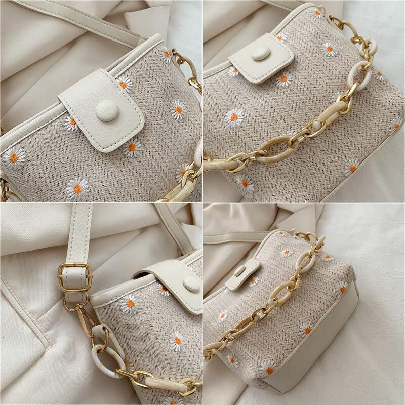 Kvinder Straw Lace Daisy Sunflower Mønster Print Chains Hasp Crossbody Bag Skuldertaske Håndtaske