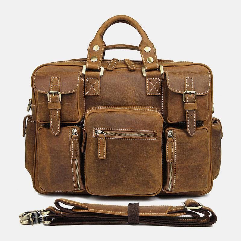 Mænd Ægte Læder Aftagelig Rem Stor Multi-Lomme 15.6 Tommer Bærbar Taske Briefcase Messenger Bag Crossbody Tasker