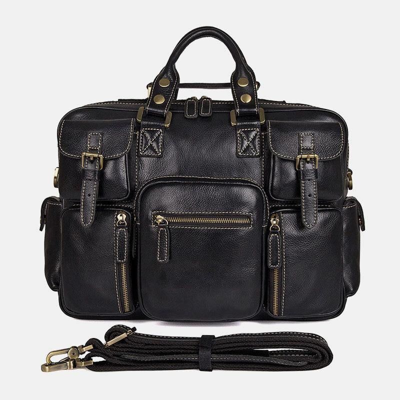 Mænd Ægte Læder Aftagelig Rem Stor Multi-Lomme 15.6 Tommer Bærbar Taske Briefcase Messenger Bag Crossbody Tasker