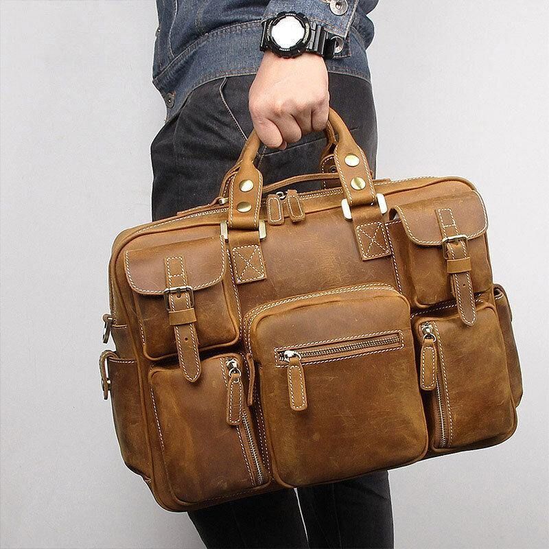 Mænd Ægte Læder Aftagelig Rem Stor Multi-Lomme 15.6 Tommer Bærbar Taske Briefcase Messenger Bag Crossbody Tasker