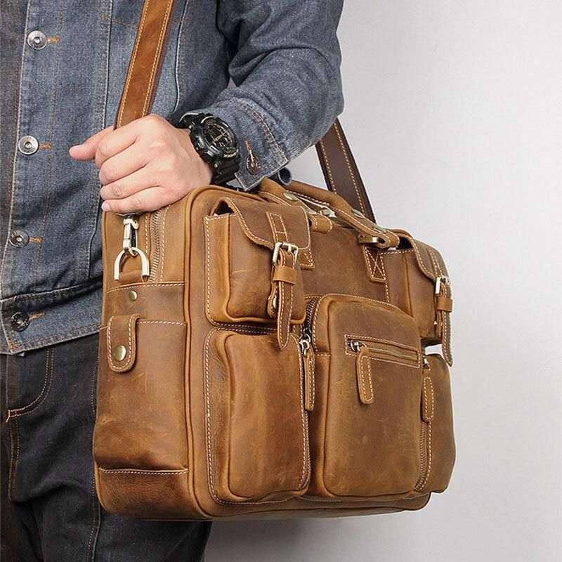 Mænd Ægte Læder Aftagelig Rem Stor Multi-Lomme 15.6 Tommer Bærbar Taske Briefcase Messenger Bag Crossbody Tasker