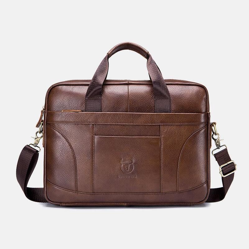 Mænd Ægte Læder Med Stor Kapacitet 14 Tommer Multifunktionsmappe Laptop Messenger Bag Crossbody Tasker Håndtaske