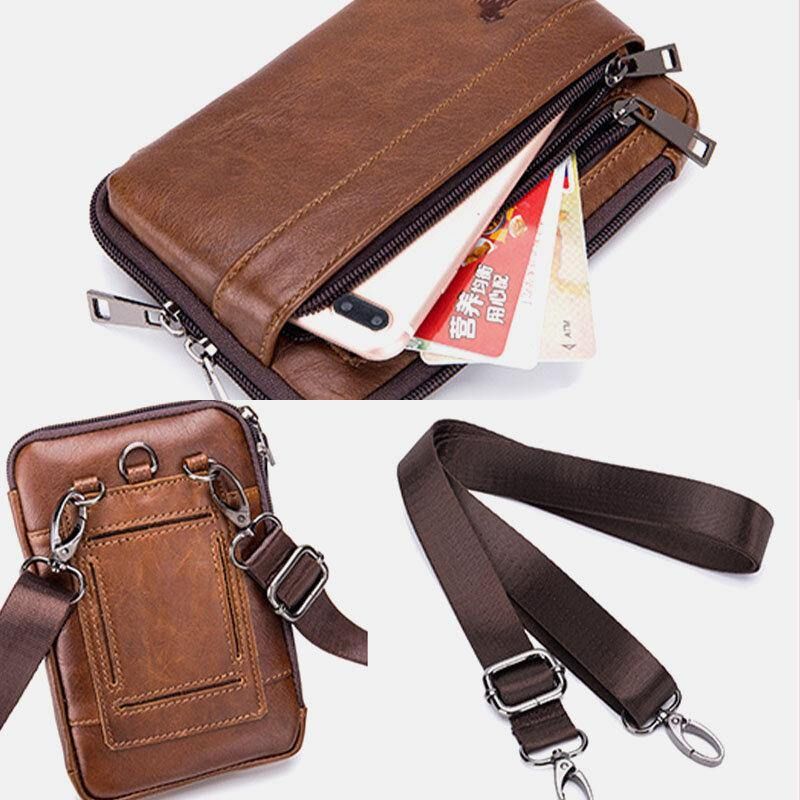 Mænd Ægte Læder Multi-Brug Vintage Casual 6.5 Tommer Telefon Taljetaske Crossbody Taske Skuldertaske