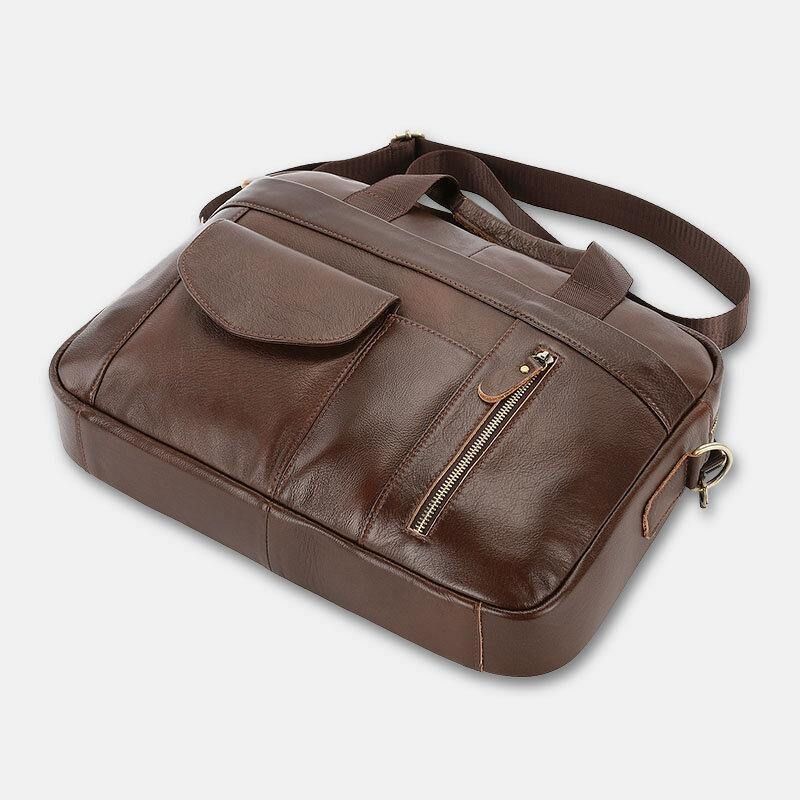 Mænd Ægte Læder Multi-Lomme Vintage 14 Tommer Bærbar Taske Dokumentmapper Crossbody Taske Skuldertaske Håndtaske