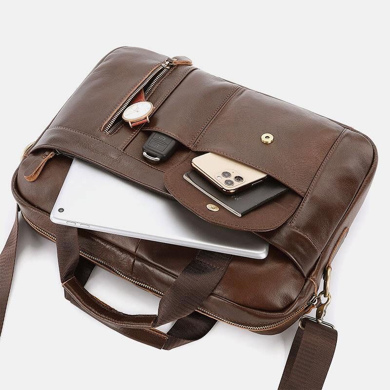 Mænd Ægte Læder Multi-Lomme Vintage 14 Tommer Bærbar Taske Dokumentmapper Crossbody Taske Skuldertaske Håndtaske