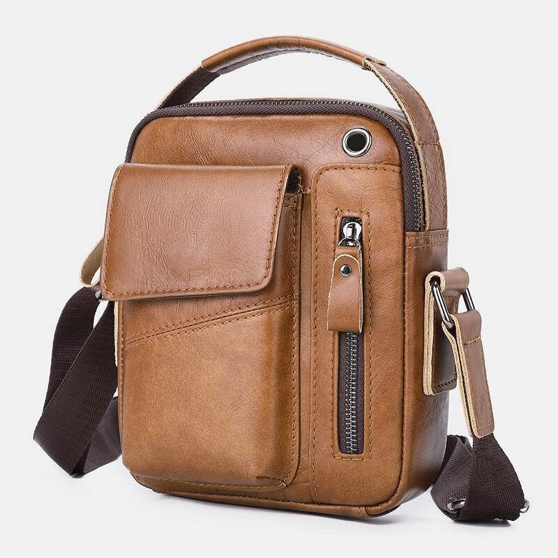 Mænd Ægte Læder Multi-Pocket Hovedtelefon Hul Vintage 6.5 Tommer Telefontaske Crossbody Taske Skuldertaske Messenger Dokumentmappe