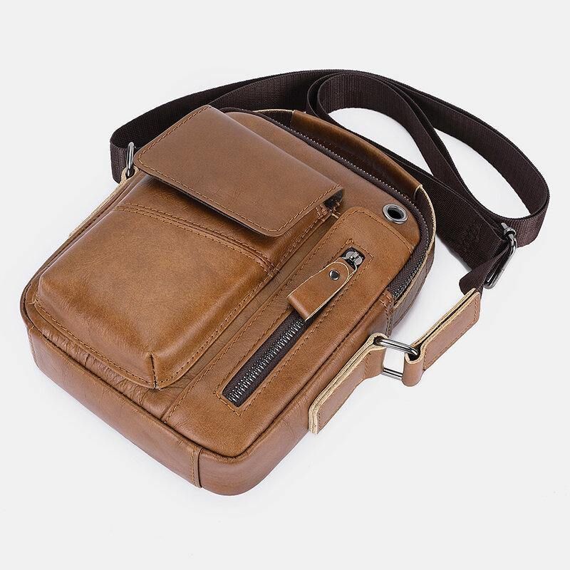 Mænd Ægte Læder Multi-Pocket Hovedtelefon Hul Vintage 6.5 Tommer Telefontaske Crossbody Taske Skuldertaske Messenger Dokumentmappe