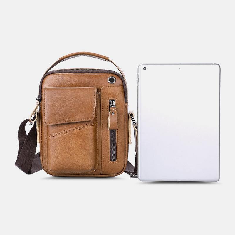 Mænd Ægte Læder Multi-Pocket Hovedtelefon Hul Vintage 6.5 Tommer Telefontaske Crossbody Taske Skuldertaske Messenger Dokumentmappe