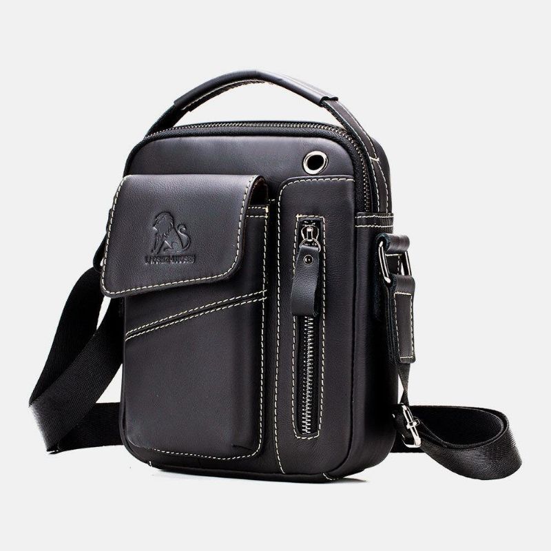 Mænd Ægte Læder Slidfast Hovedtelefonhul Multi-Lomme Vintage Crossbody-Taske Skuldertaske