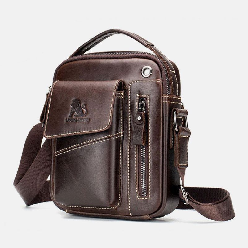 Mænd Ægte Læder Slidfast Hovedtelefonhul Multi-Lomme Vintage Crossbody-Taske Skuldertaske