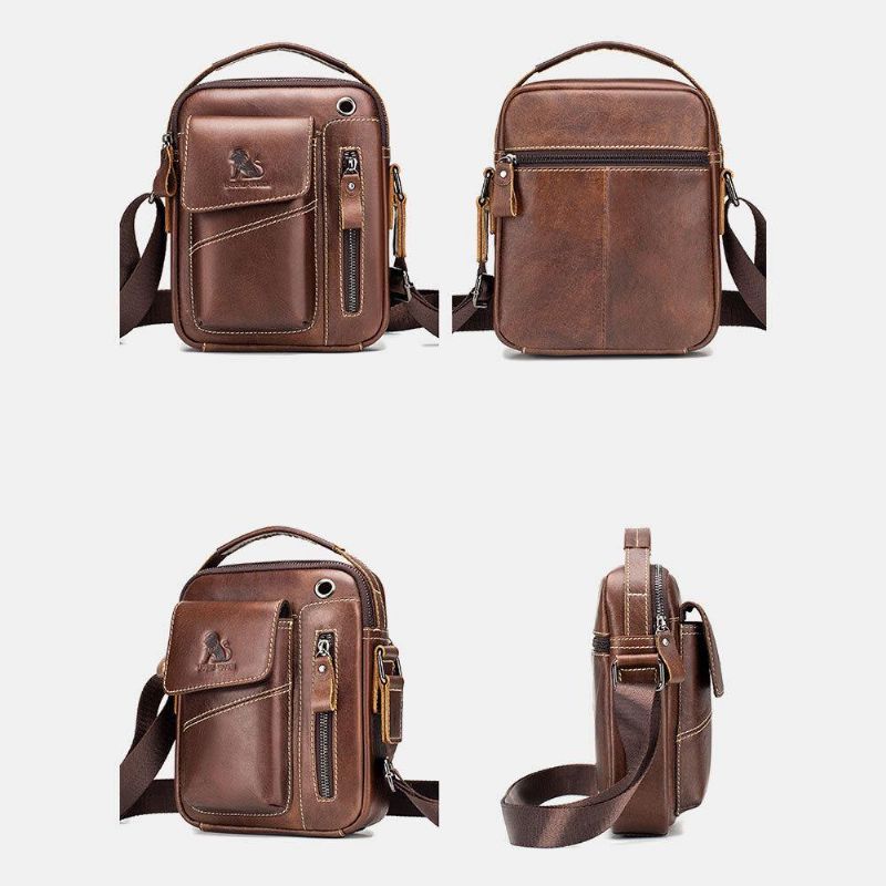 Mænd Ægte Læder Slidfast Hovedtelefonhul Multi-Lomme Vintage Crossbody-Taske Skuldertaske