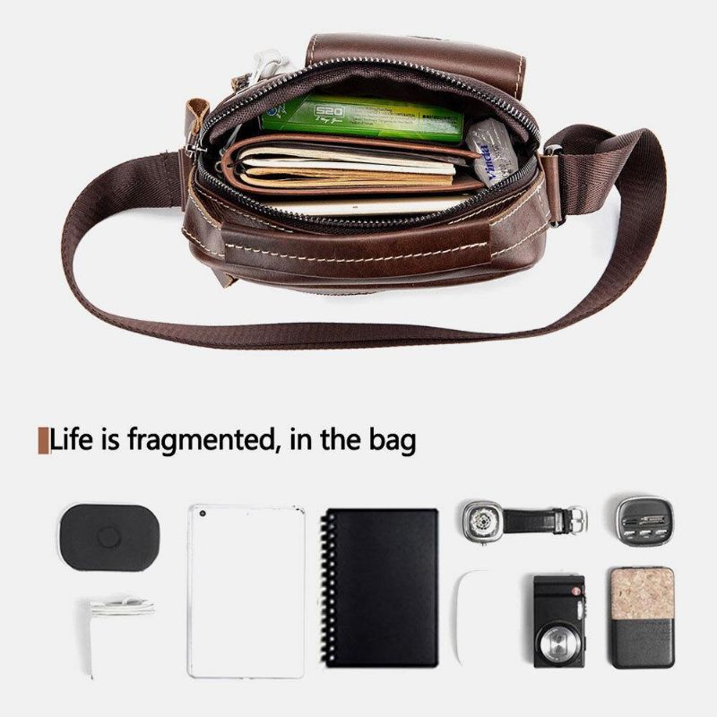 Mænd Ægte Læder Slidfast Hovedtelefonhul Multi-Lomme Vintage Crossbody-Taske Skuldertaske