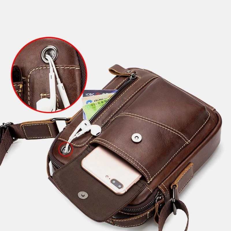 Mænd Ægte Læder Slidfast Hovedtelefonhul Multi-Lomme Vintage Crossbody-Taske Skuldertaske