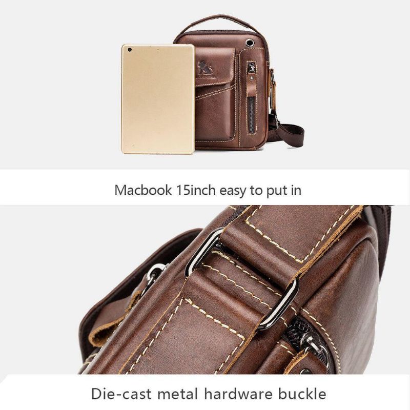 Mænd Ægte Læder Slidfast Hovedtelefonhul Multi-Lomme Vintage Crossbody-Taske Skuldertaske