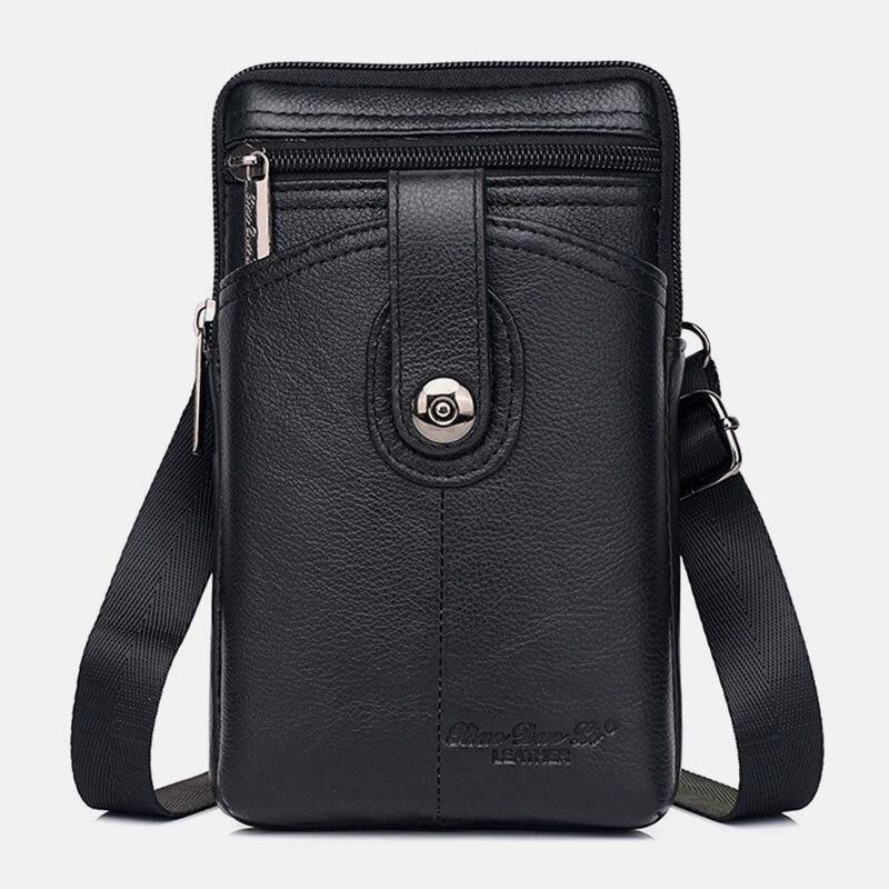 Mænd Ægte Læder Vintage Multifunktionel 6.5 Tommer Lynlås Hasp Telefontaske Crossbody Taske Taljetaske