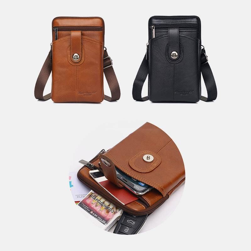 Mænd Ægte Læder Vintage Multifunktionel 6.5 Tommer Lynlås Hasp Telefontaske Crossbody Taske Taljetaske