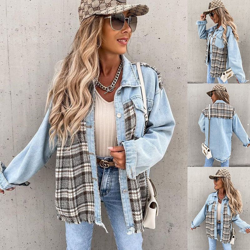 Denim Stitching Plaid Coat Løs Top Kvinder