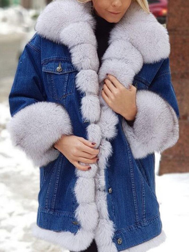 Kvinder Distressed Denim Patchwork Varm Casual Faux Fur Coats