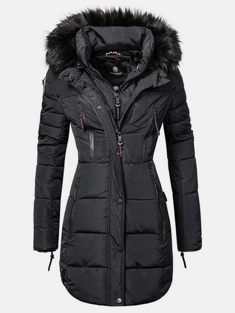 Kvinder Solid Color Multi Pocket Lynlås Front Faux Fur Krave Hættefrakke