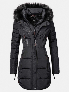 Kvinder Solid Color Multi Pocket Lynlås Front Faux Fur Krave Hættefrakke