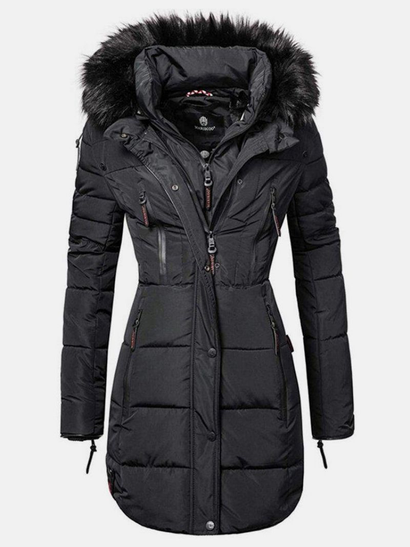 Kvinder Solid Color Multi Pocket Lynlås Front Faux Fur Krave Hættefrakke