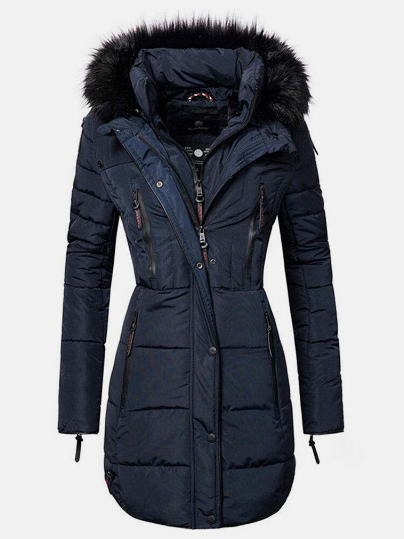 Kvinder Solid Color Multi Pocket Lynlås Front Faux Fur Krave Hættefrakke