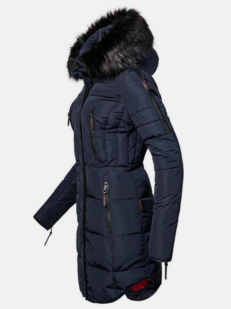 Kvinder Solid Color Multi Pocket Lynlås Front Faux Fur Krave Hættefrakke