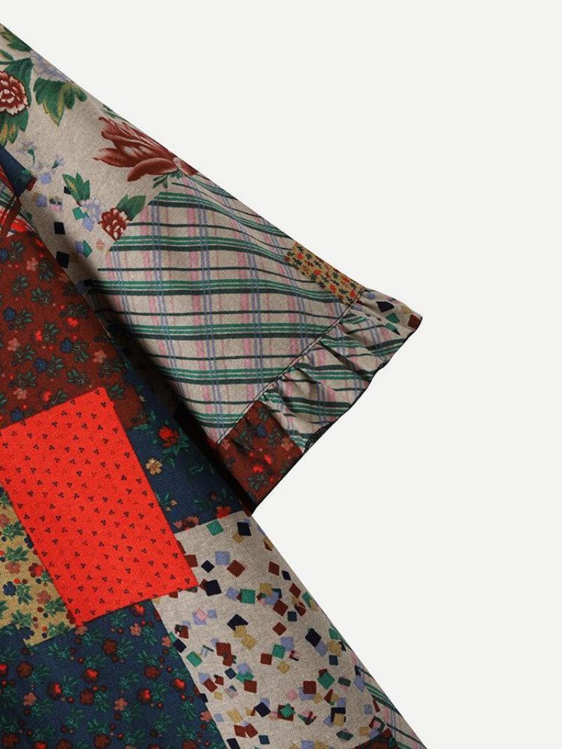 100% Bomuld Patchwork Printet Afslappet Bluse Til Kvinder