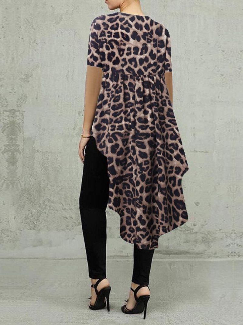 100% Polyester Leopardprint Høj Lav Bluse Til Kvinder