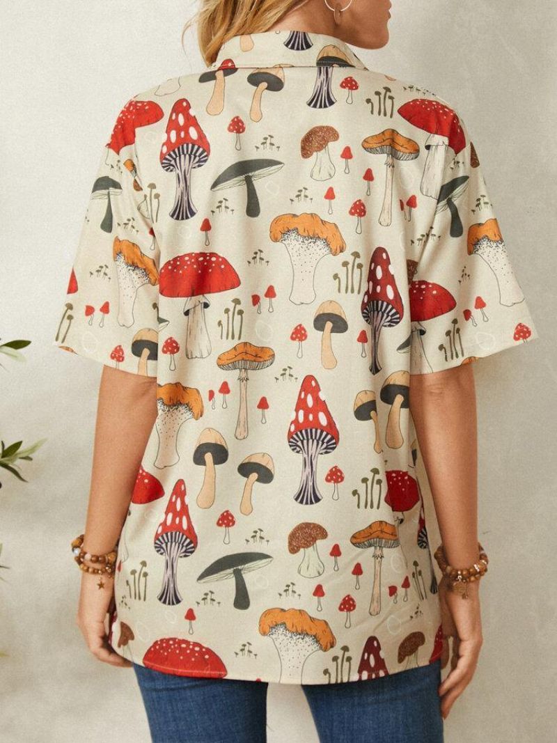 Casual Mushroom Print Reverskrave Halværmet Knapbluse Til Kvinder