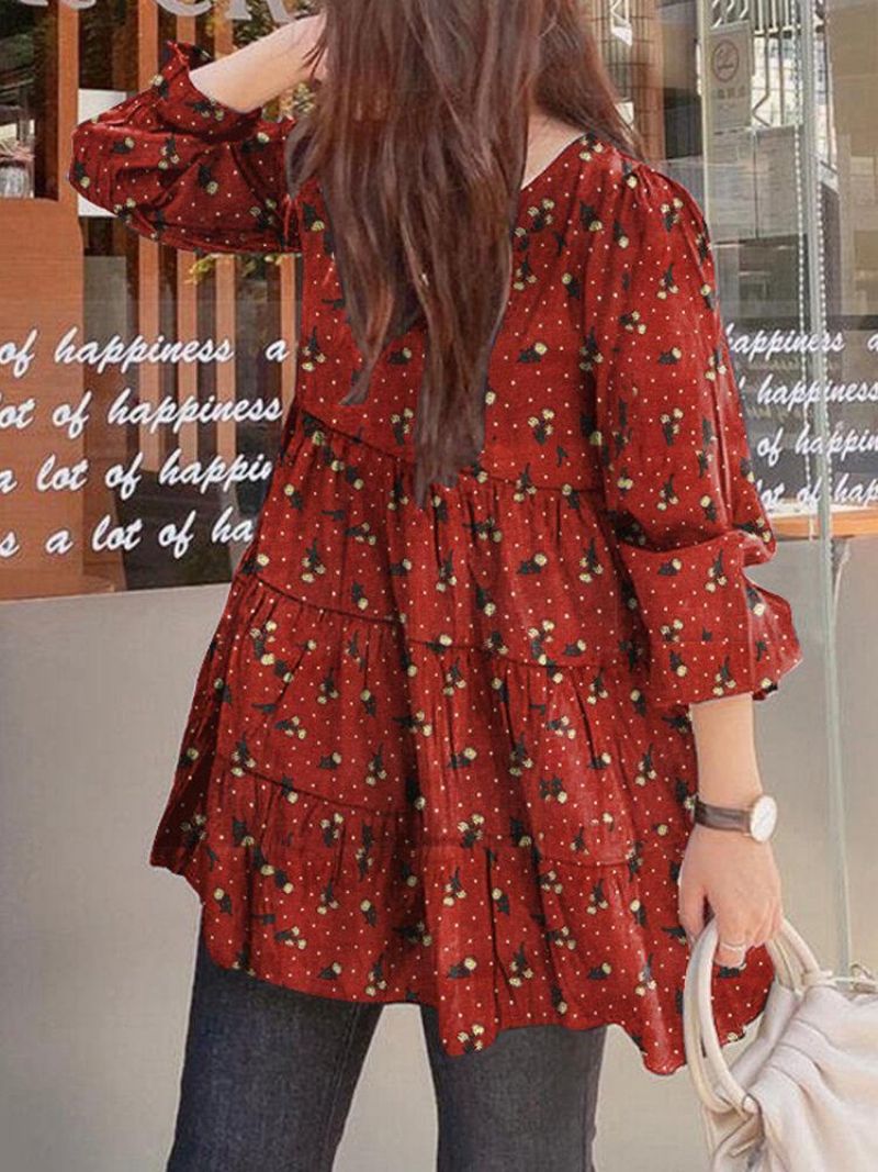 Casual Puff Sleeve Rundhals Langærmet Splejset Vintage Plisseret Bluse Til Kvinder