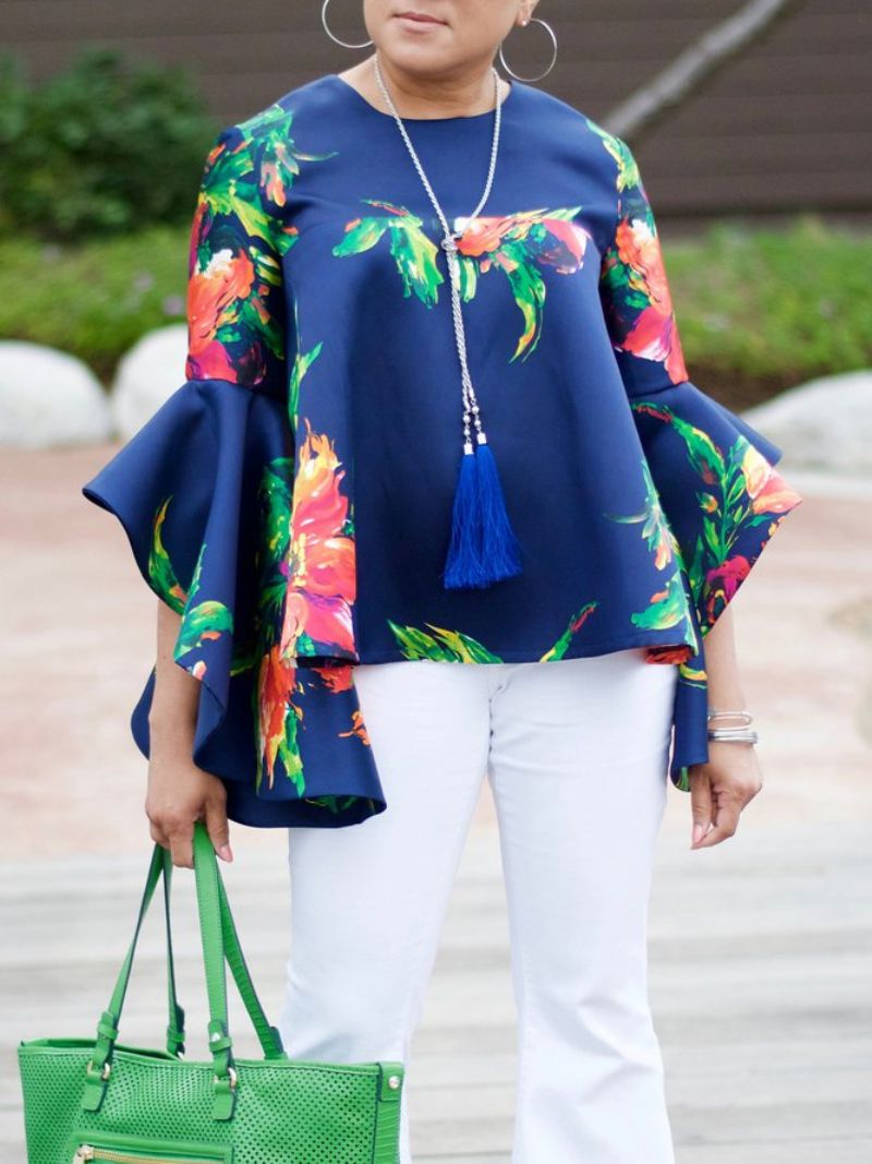 Crew Neck Floral Flare Sleeve Top