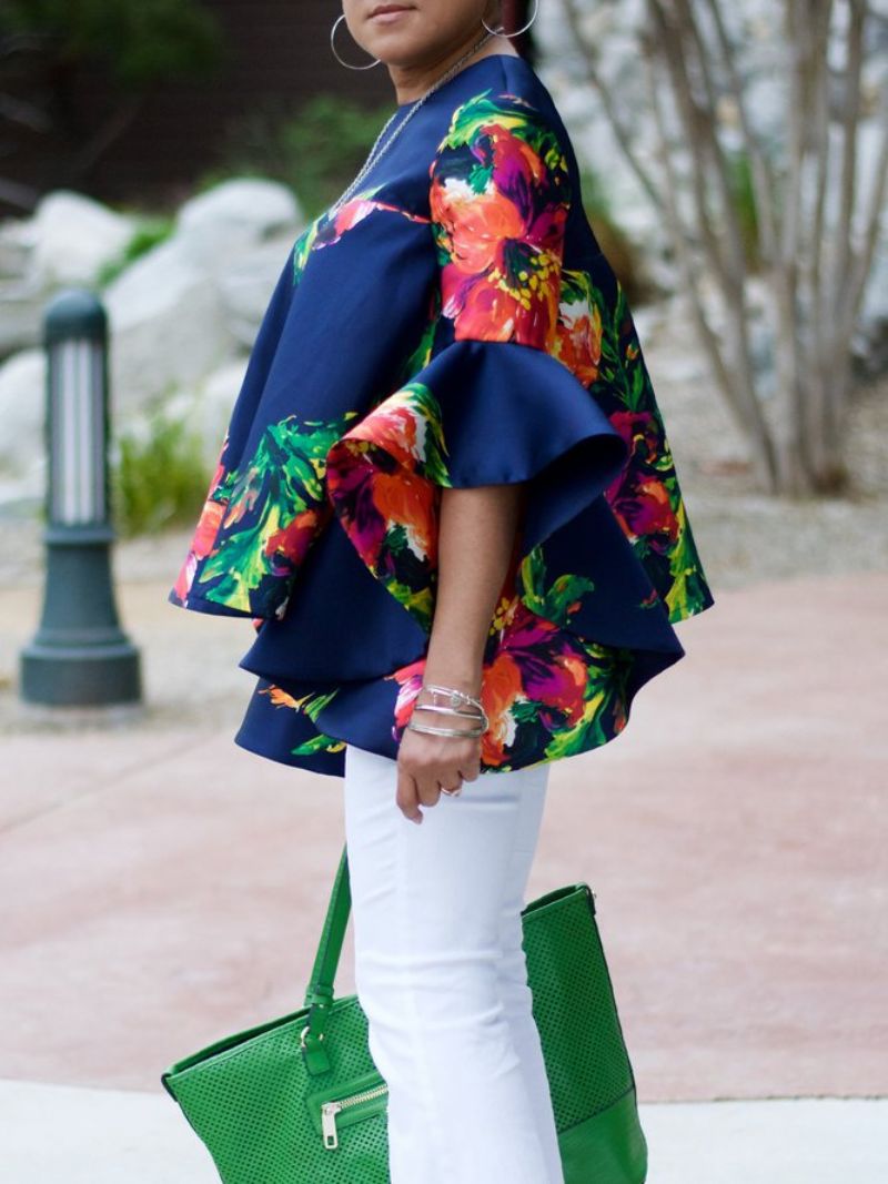 Crew Neck Floral Flare Sleeve Top