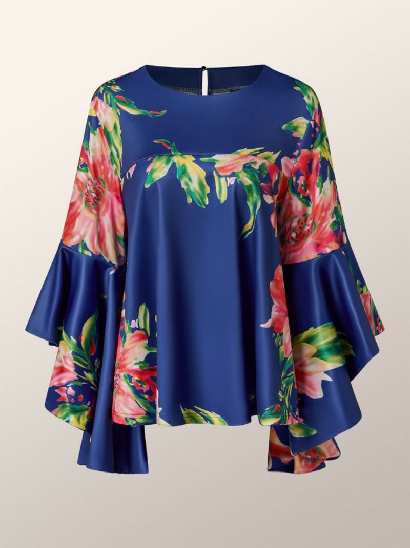 Crew Neck Floral Flare Sleeve Top